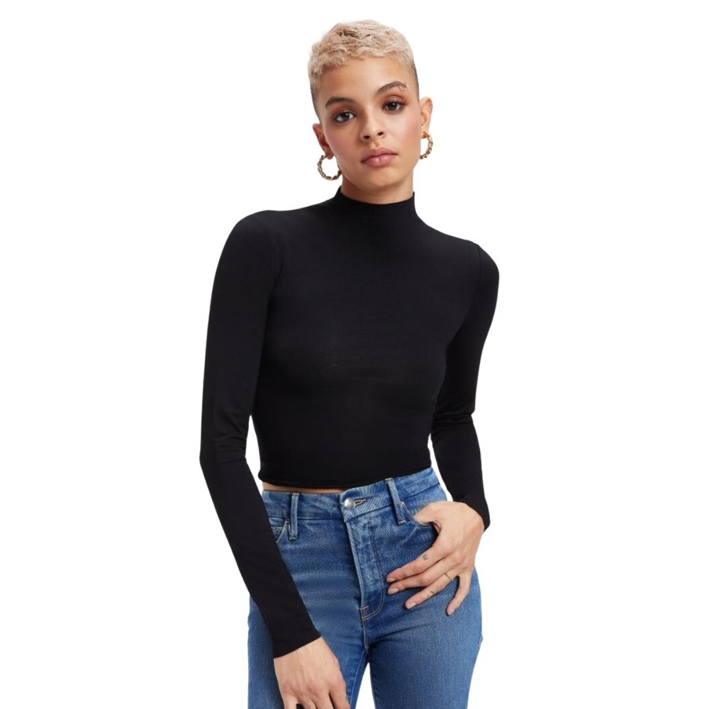 Good American Black Compression‎ Mock Neck Long Sleeve Crop Top Comfy Size 2 NEW